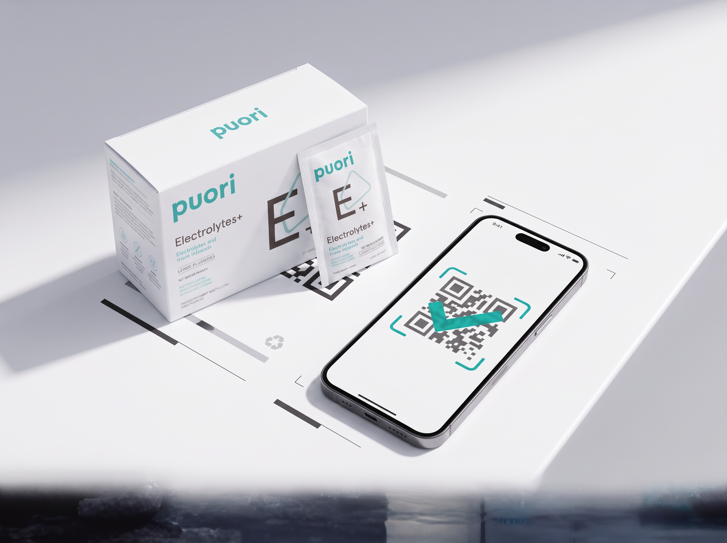 Puori Electrolytes+ beside a phone showing a batch-verification interface