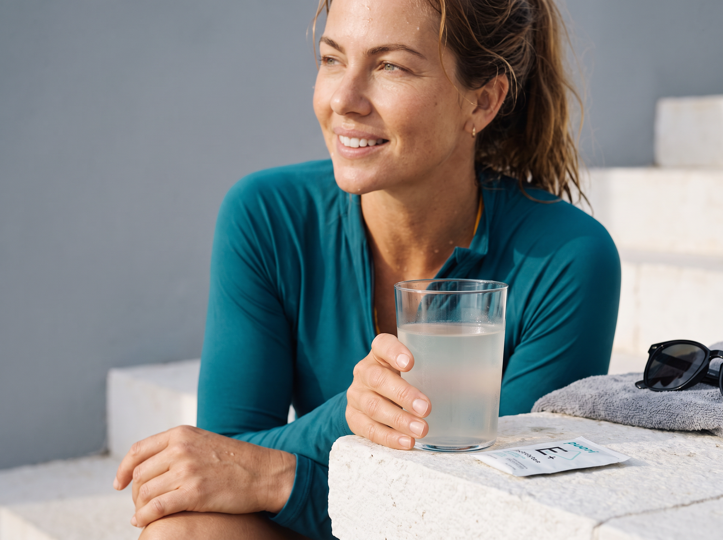 Puori Electrolytes+ after a warm day with teal-blue fabric