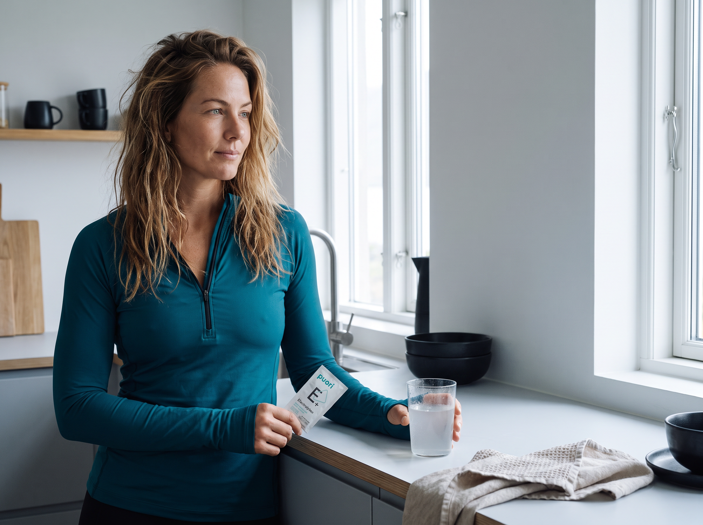 A quiet Puori Electrolytes+ morning ritual with teal-blue fabric