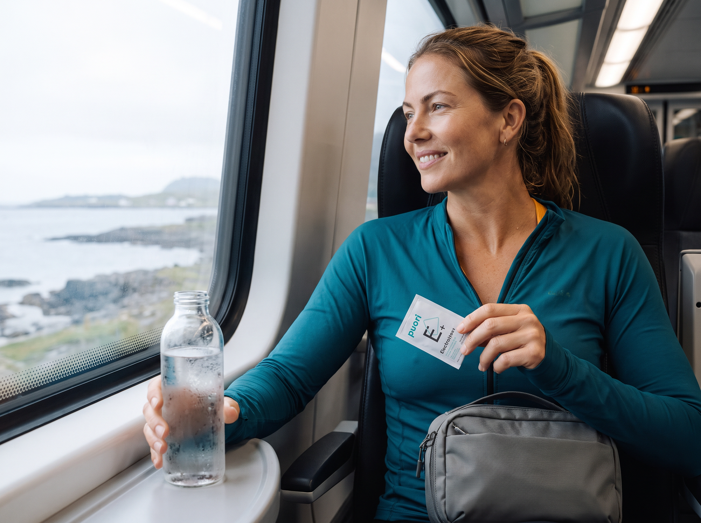 Puori Electrolytes+ travelling with teal-blue fabric